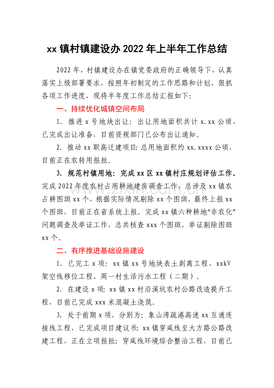 xx镇村镇建设办2022年上半年工作总结.docx_第1页
