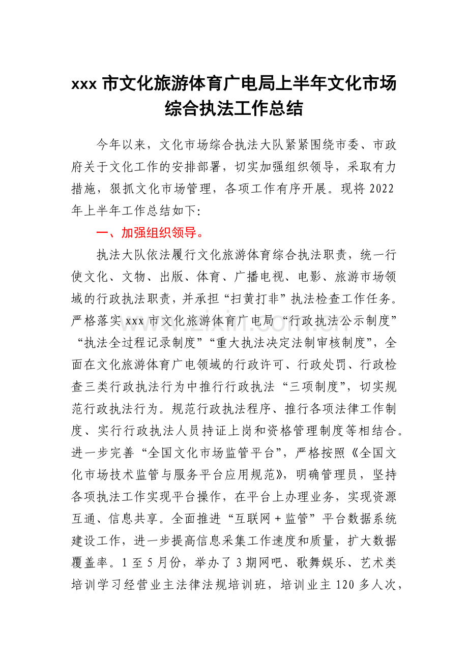 xxx市文化旅游体育广电局上半年文化市场综合执法工作总结.docx_第1页