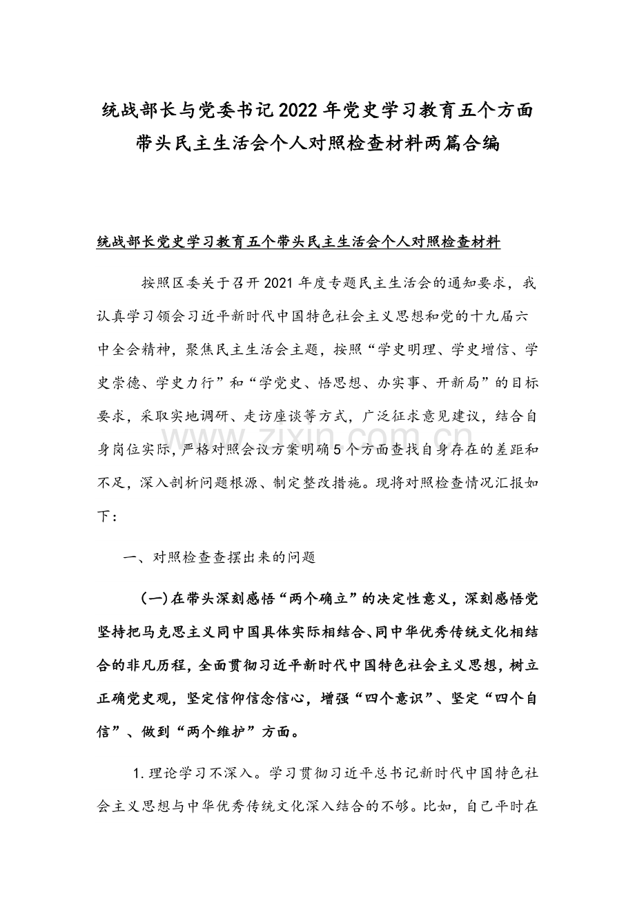 统战部长与党委书记2022年党史学习教育五个方面带头组织生活会个人对照检查材料两篇合编.docx_第1页