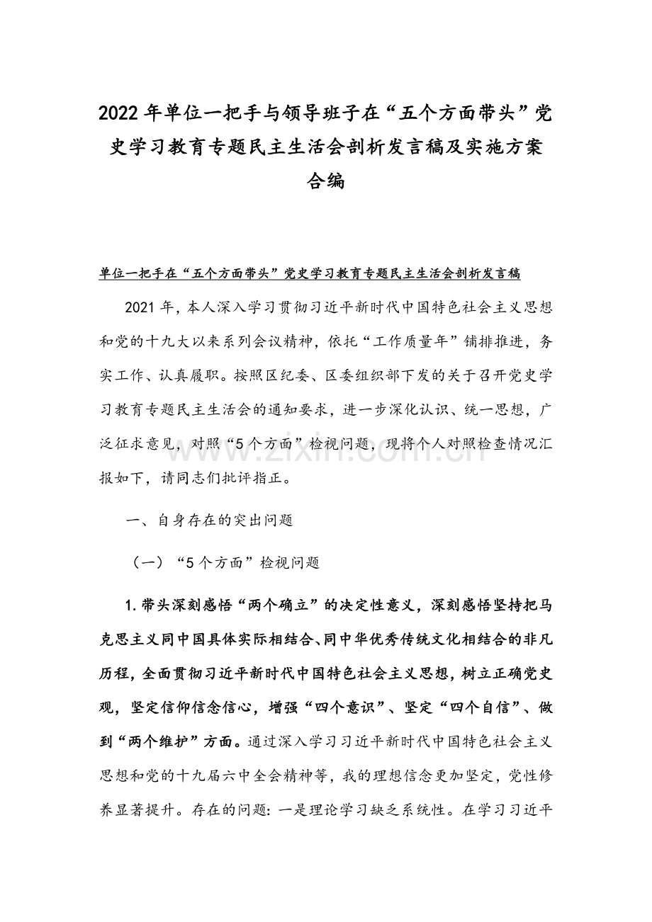 2022年单位一把手与领导班子在“五个方面带头”党史学习教育专题民主生活会剖析发言稿及实施方案合编.docx_第1页