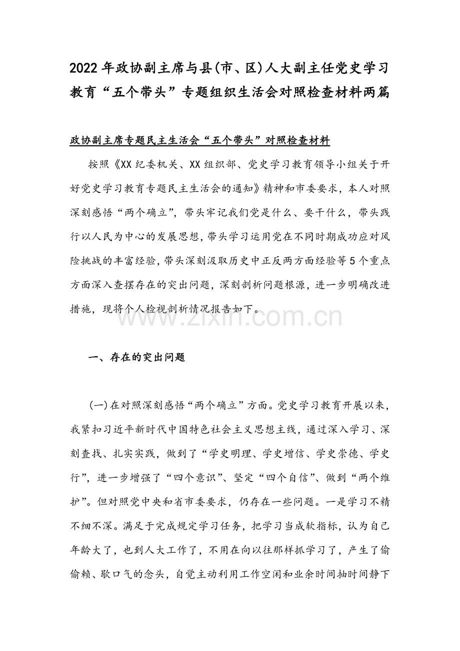 2022年政协副主席与县(市、区)人大副主任党史学习教育“五个带头”专题组织生活会对照检查材料两篇.docx_第1页