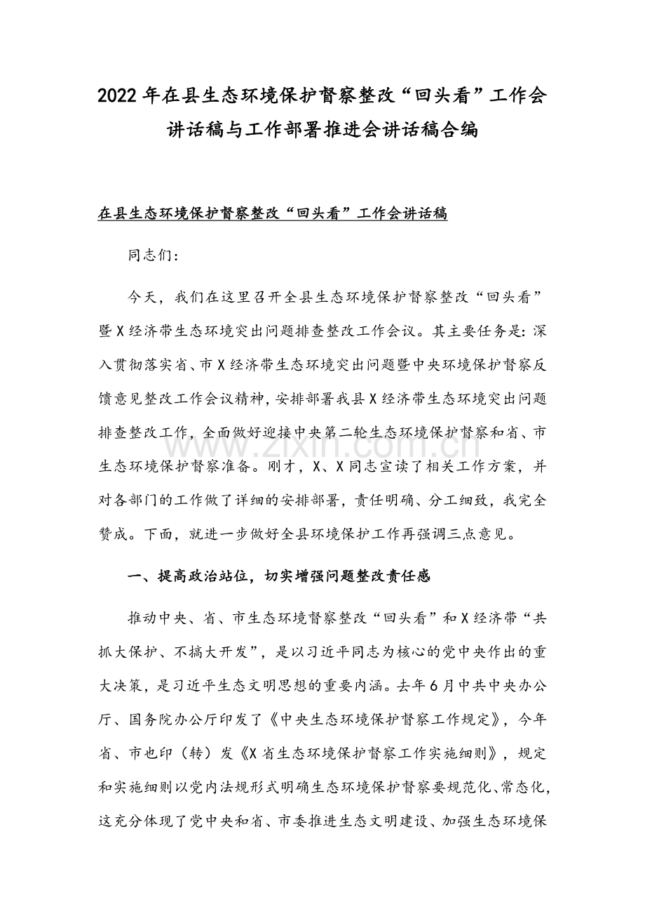 2022年在县生态环境保护督察整改“回头看”工作会讲话稿与工作部署推进会讲话稿合编.docx_第1页