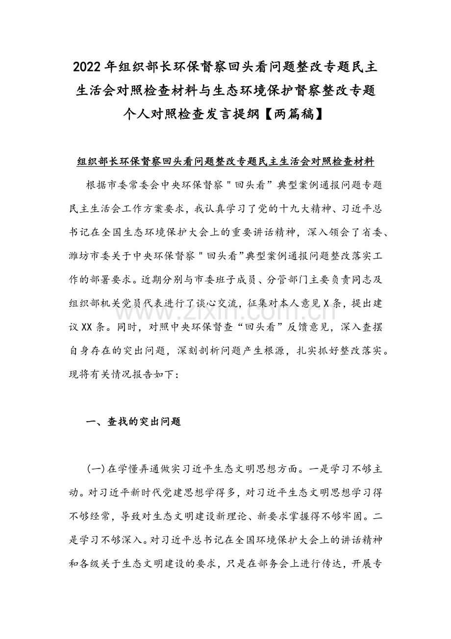 2022年组织部长环保督察回头看问题整改专题组织生活会对照检查材料与生态环境保护督察整改专题个人对照检查发言提纲【两篇稿】.docx_第1页