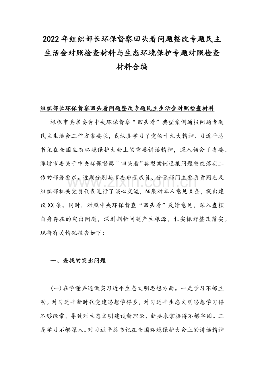 2022年组织部长环保督察回头看问题整改专题组织生活会对照检查材料与生态环境保护专题对照检查材料合编.docx_第1页