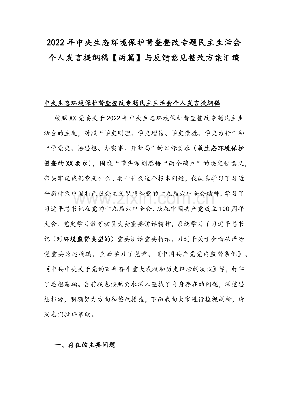 2022年中央生态环境保护督查整改专题组织生活会个人发言提纲稿【两篇】与反馈意见整改方案汇编.docx_第1页
