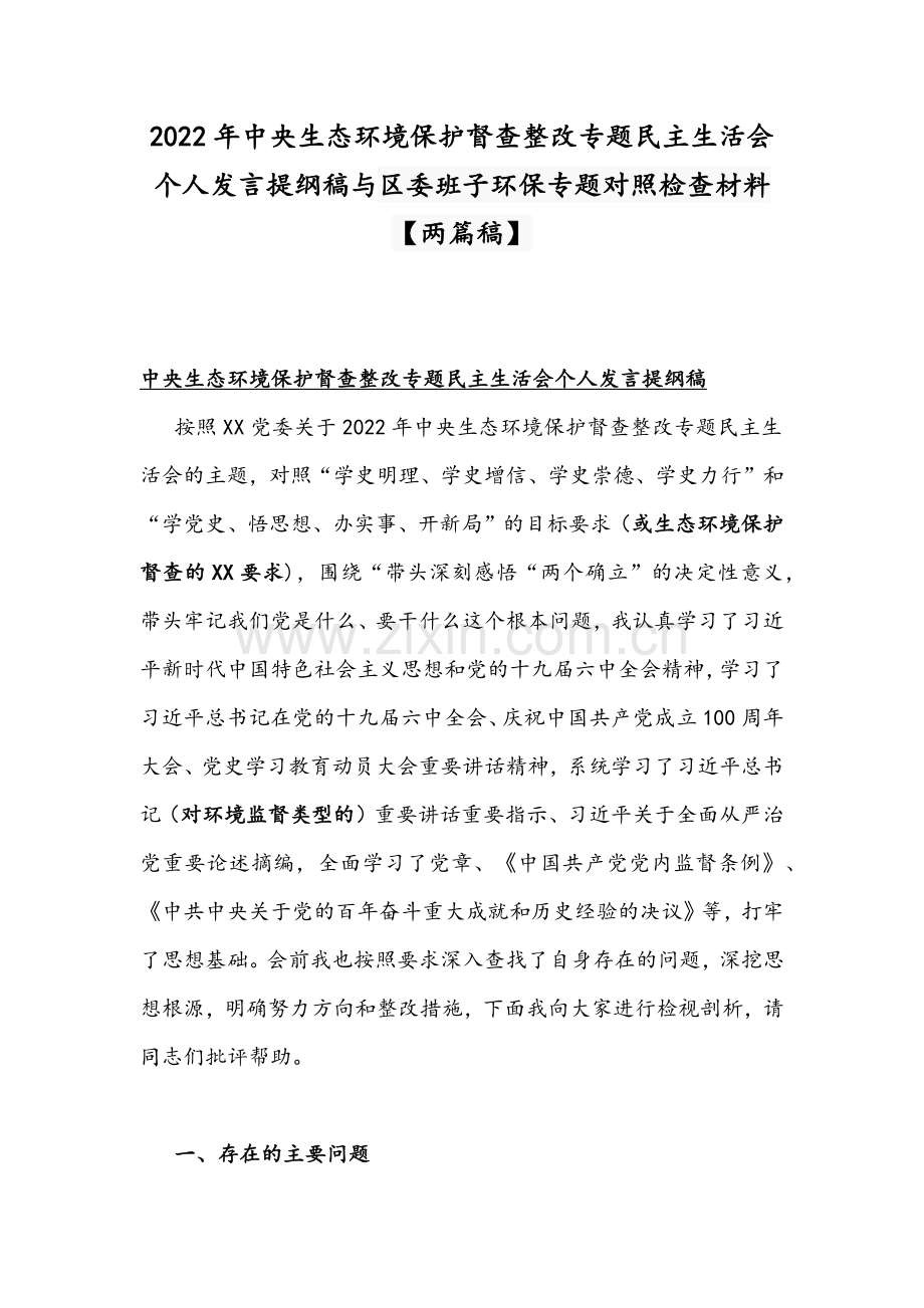 2022年中央生态环境保护督查整改专题组织生活会个人发言提纲稿与区委班子环保专题对照检查材料【两篇稿】.docx_第1页