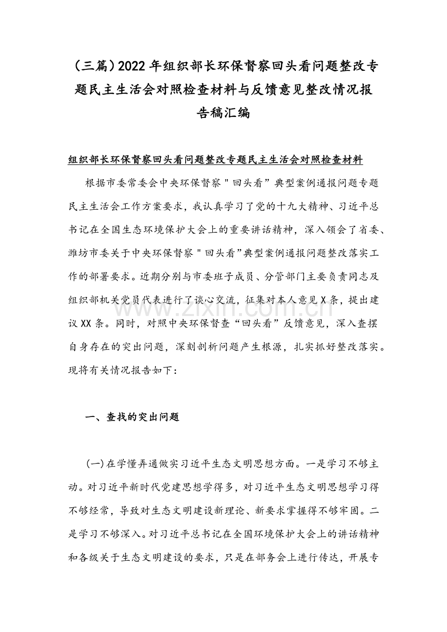 （三篇）2022年组织部长环保督察回头看问题整改专题组织生活会对照检查材料与反馈意见整改情况报告稿汇编.docx_第1页