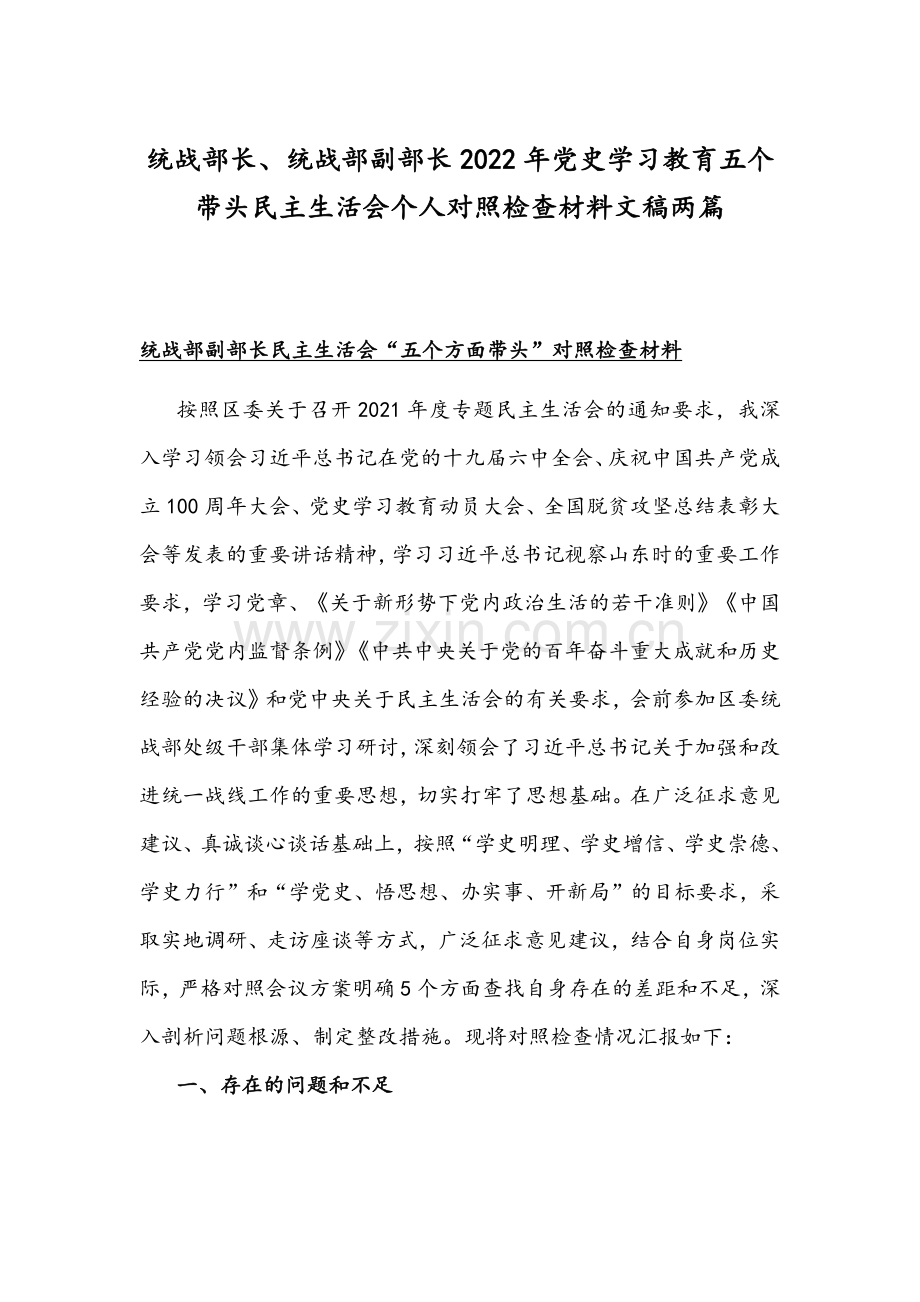 统战部长、统战部副部长2022年党史学习教育五个带头组织生活会个人对照检查材料文稿两篇.docx_第1页