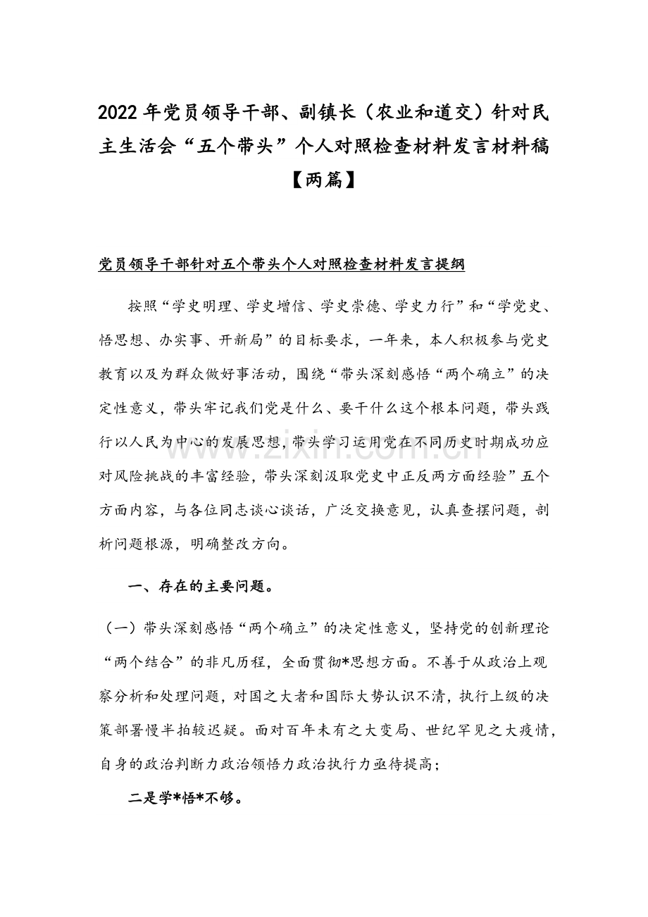 2022年党员领导干部、副镇长（农业和道交）针对组织生活会“五个带头”个人对照检查材料发言材料稿【两篇】.docx_第1页
