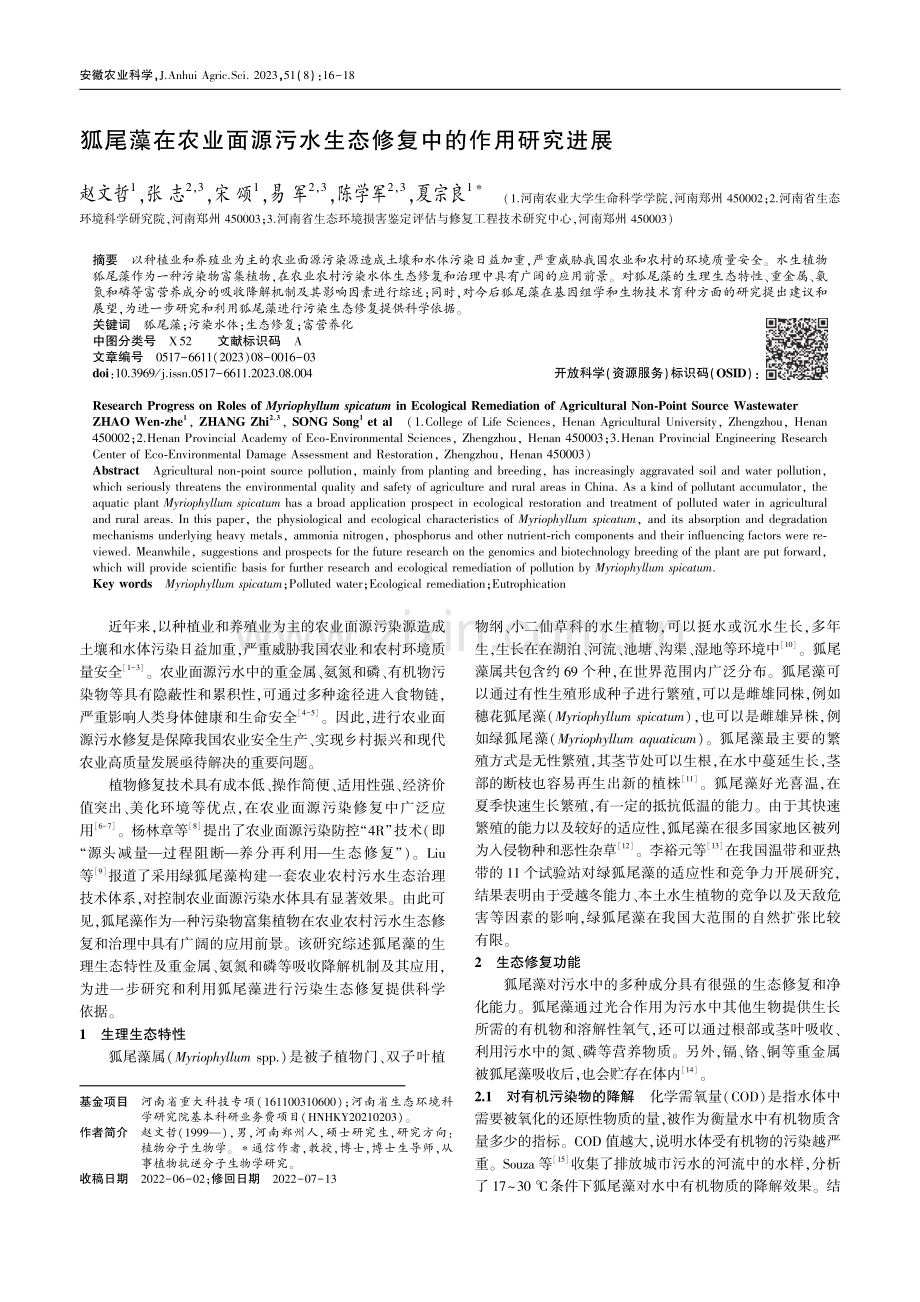 狐尾藻在农业面源污水生态修复中的作用研究进展_赵文哲.pdf_第1页