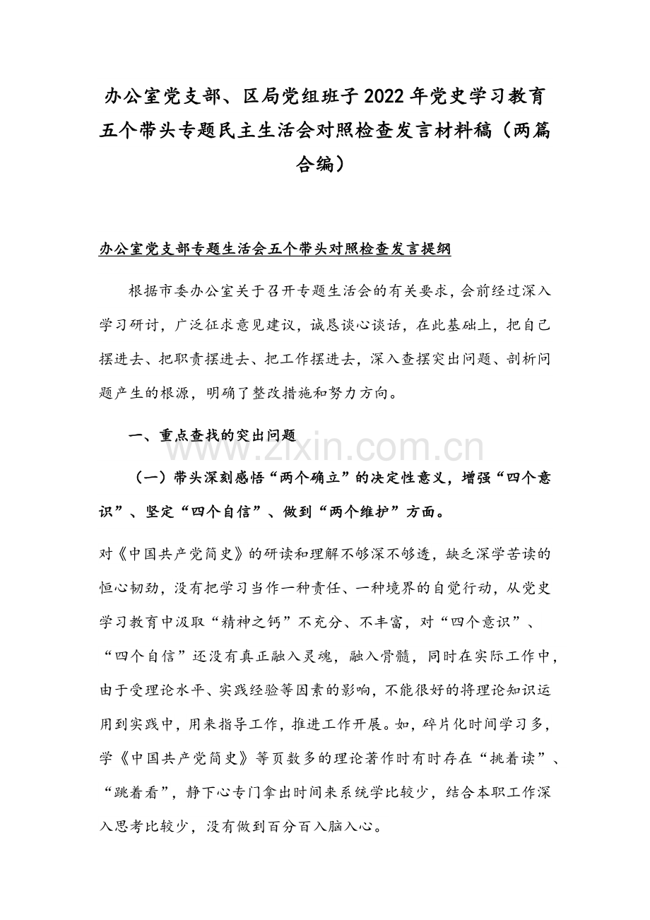 办公室党支部、区局党组班子2022年党史学习教育五个带头专题组织生活会对照检查发言材料稿（两篇合编）.docx_第1页