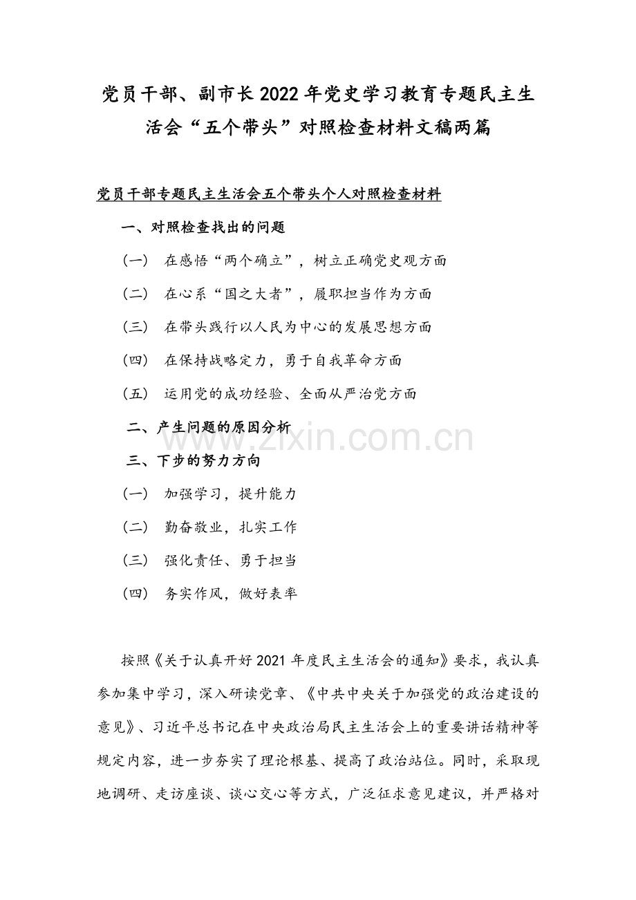 党员干部、副市长2022年党史学习教育专题组织生活会“五个带头”对照检查材料文稿两篇.docx_第1页