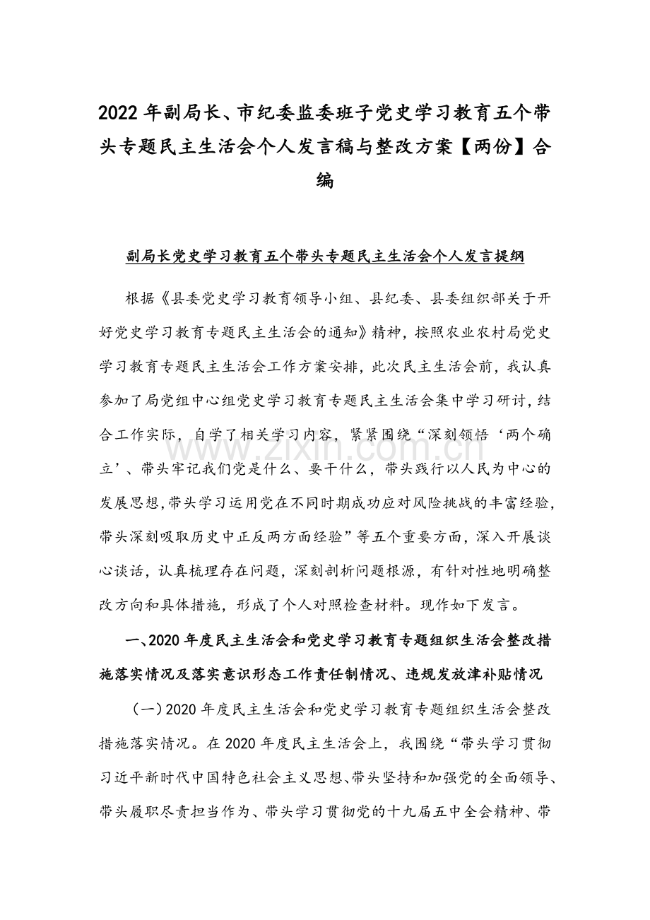 2022年副局长、市纪委监委班子党史学习教育五个带头专题组织生活会个人发言稿与整改方案【两份】合编.docx_第1页