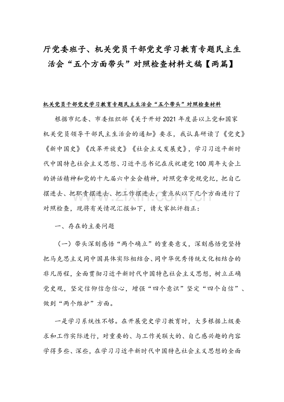 厅党委班子、机关党员干部党史学习教育专题组织生活会“五个方面带头”对照检查材料文稿【两篇】.docx_第1页