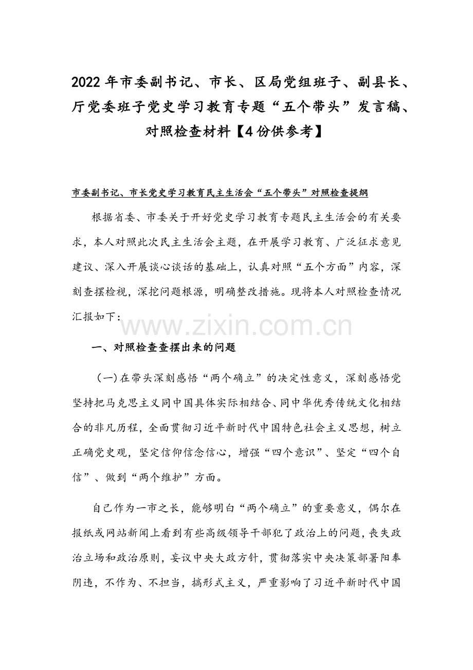 2022年市委副书记、市长、区局党组班子、副县长、厅党委班子党史学习教育专题“五个带头”发言稿、对照检查材料【4份供参考】.docx_第1页