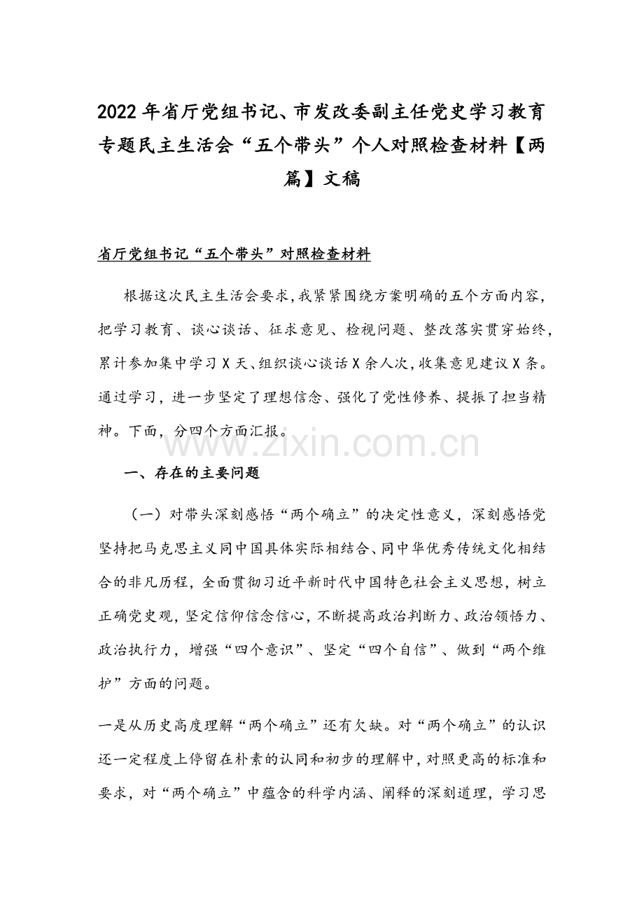 2022年省厅党组书记、市发改委副主任党史学习教育专题组织生活会“五个带头”个人对照检查材料【两篇】文稿.docx_第1页