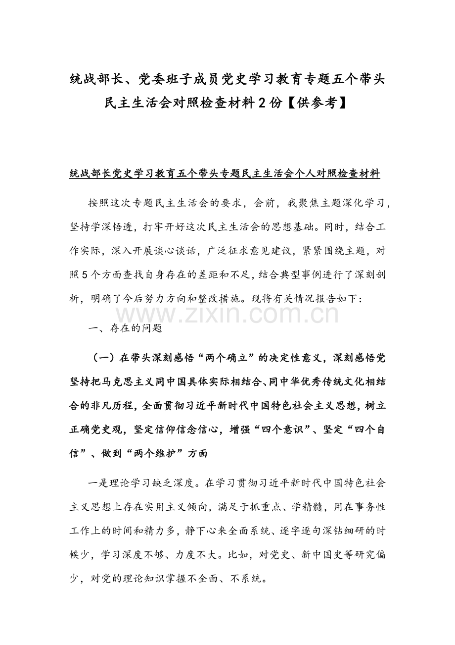 统战部长、党委班子成员党史学习教育专题五个带头组织生活会对照检查材料2份【供参考】.docx_第1页