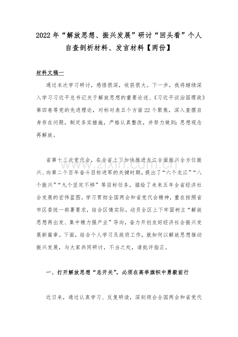 2022年“解放思想、振兴发展”研讨“回头看”个人自查剖析材料、发言材料【两份】.docx_第1页