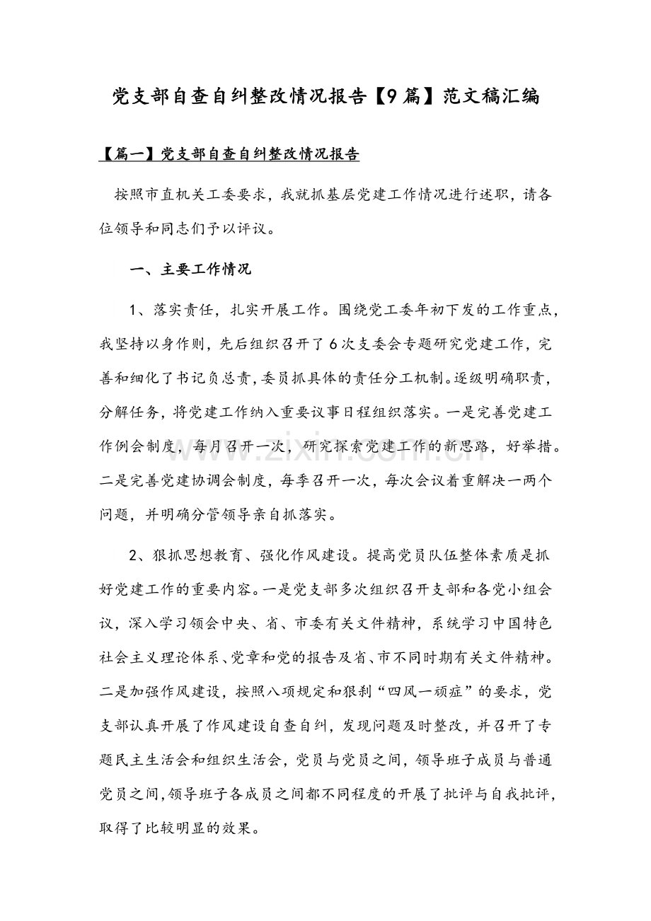党支部自查自纠整改情况报告【9篇】范文稿汇编.docx_第1页