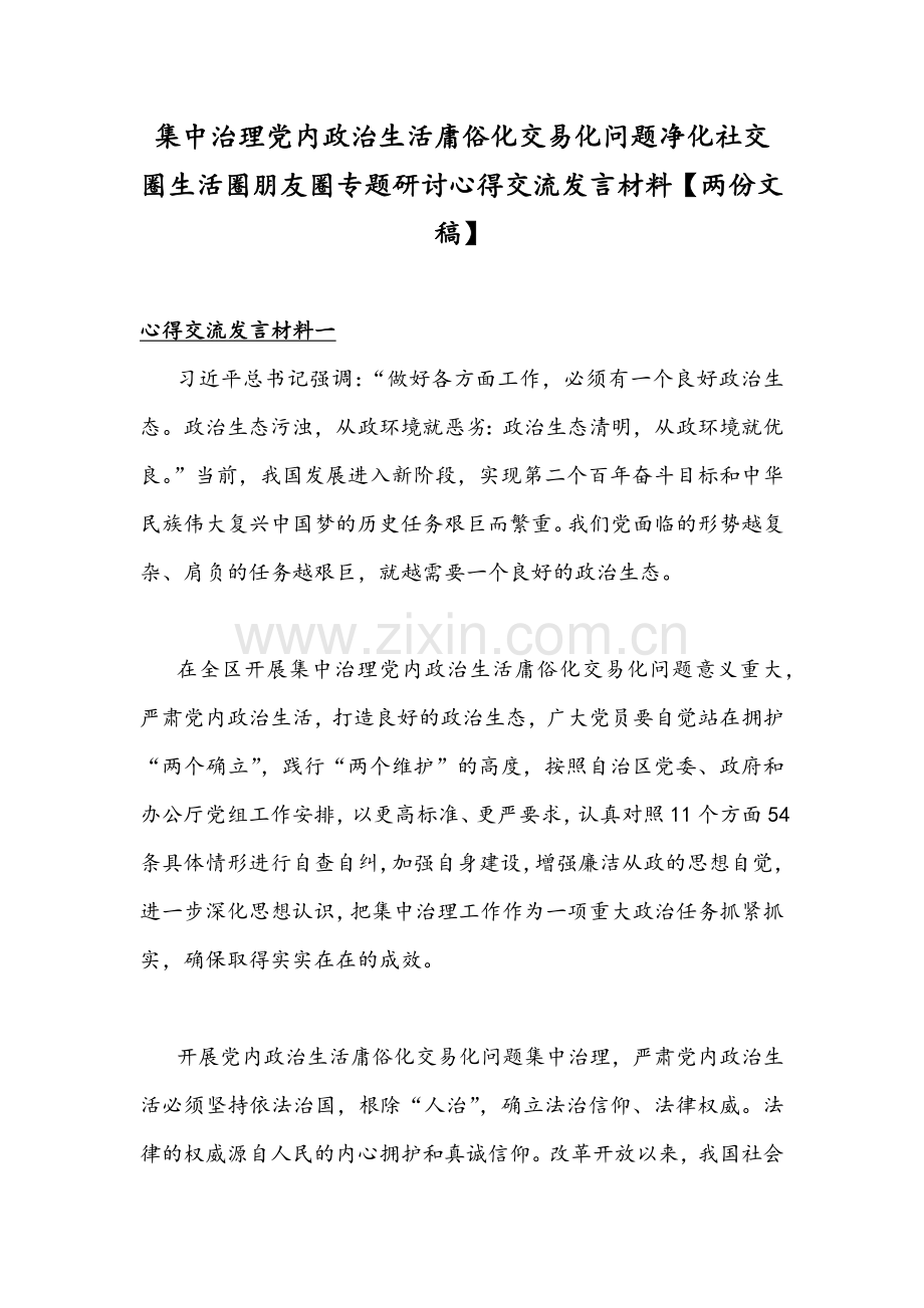 集中治理党内政治生活庸俗化交易化问题净化社交圈生活圈朋友圈专题研讨心得交流发言材料【两份文稿】.docx_第1页