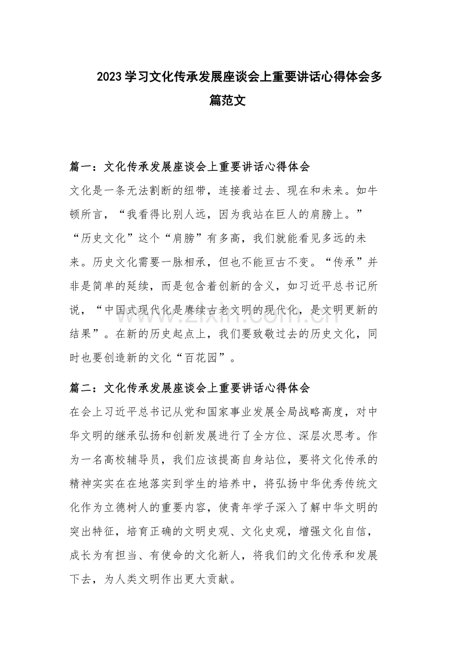 2023学习文化传承发展座谈会上重要讲话心得体会多篇范文.docx_第1页