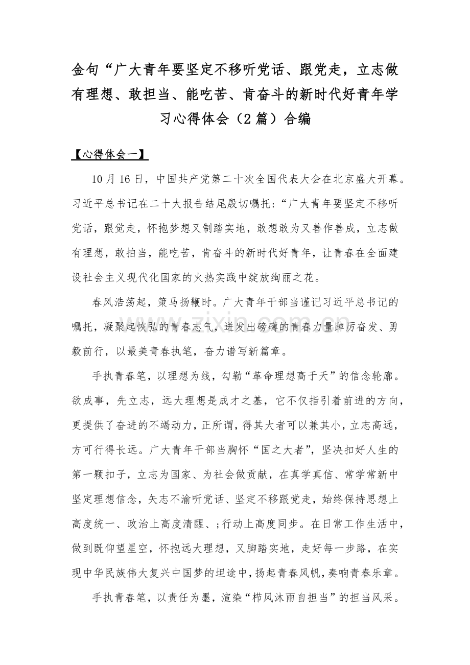 金句“广大青年要坚定不移听党话、跟党走立志做有理想、敢担当、能吃苦、肯奋斗的新时代好青年学习心得体会（2篇）合编.docx_第1页