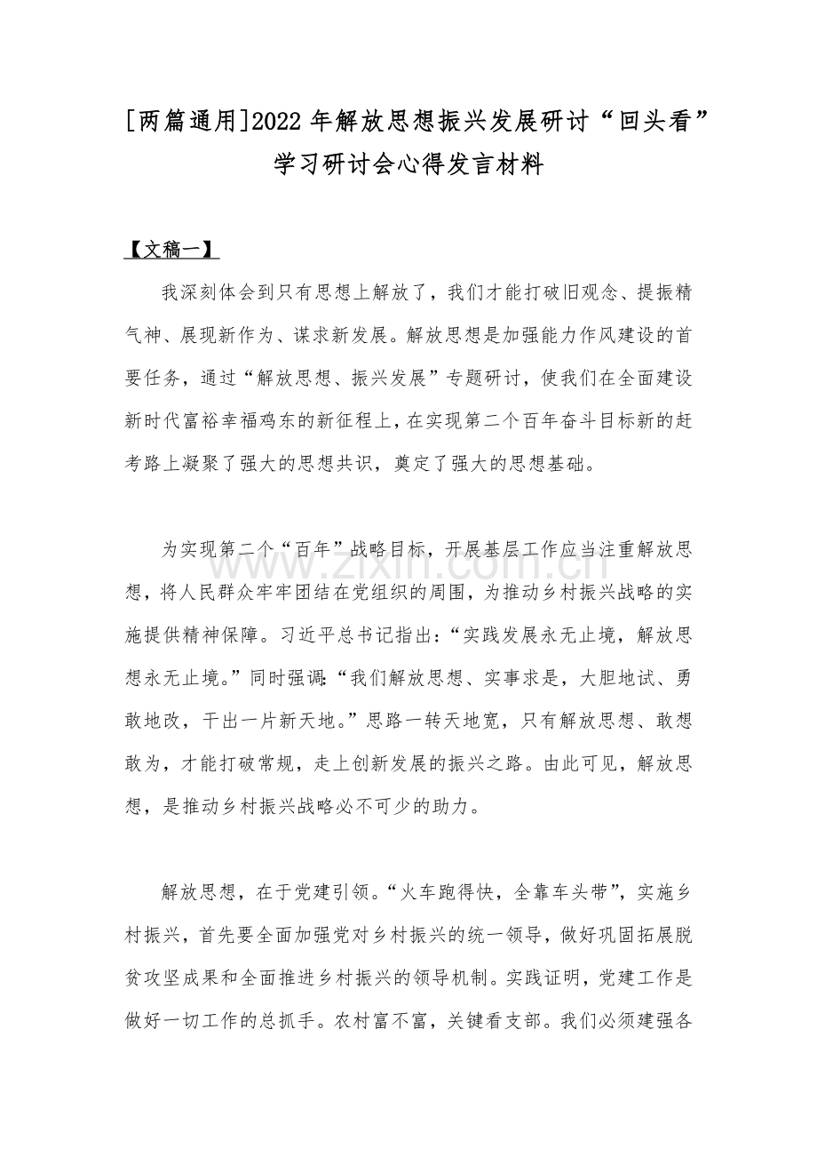 [两篇通用]2022年解放思想振兴发展研讨“回头看”学习研讨会心得发言材料.docx_第1页