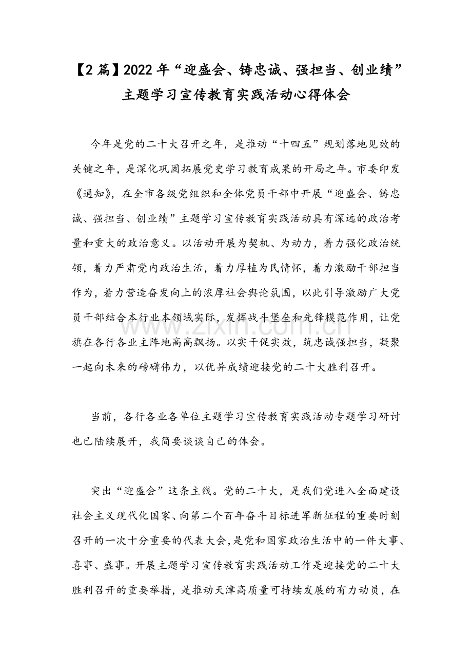 【2篇】2022年“迎盛会、铸忠诚、强担当、创业绩”主题学习宣传教育实践活动心得体会.docx_第1页