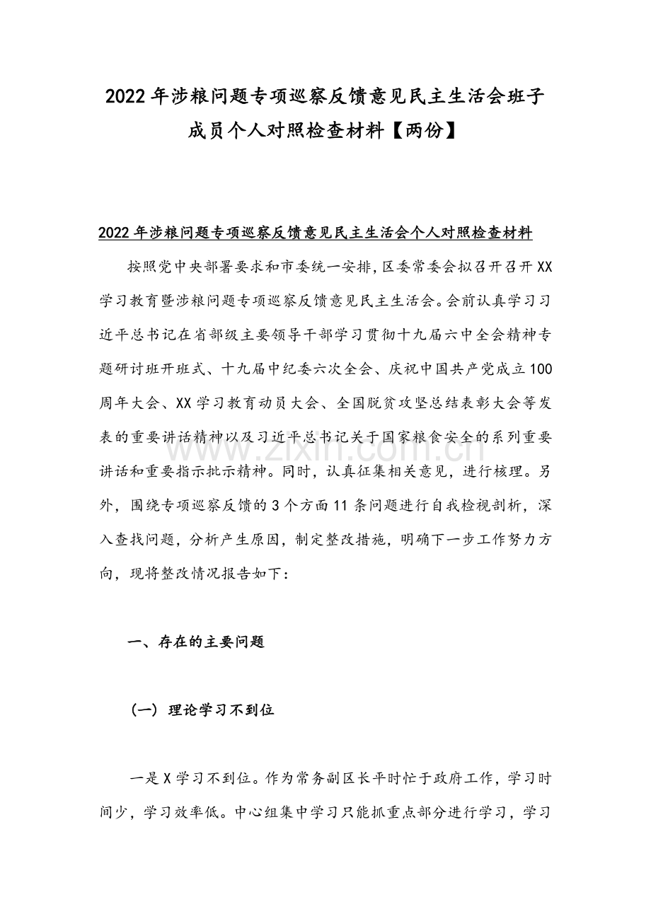 2022年涉粮问题专项巡察反馈意见民主生活会班子成员个人对照检查材料【两份】.docx_第1页