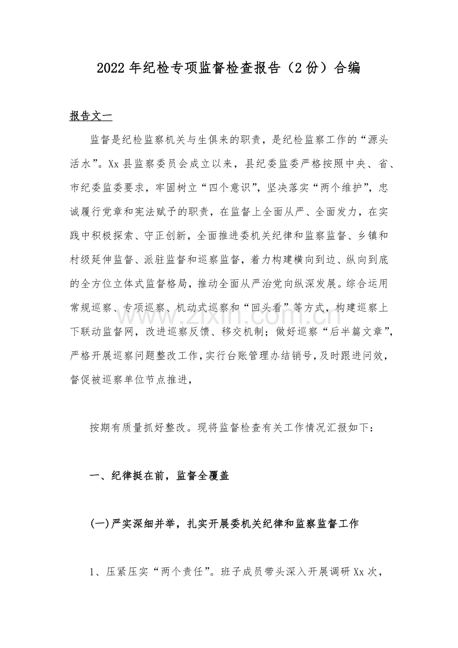 2022年纪检专项监督检查报告（2份）合编.docx_第1页