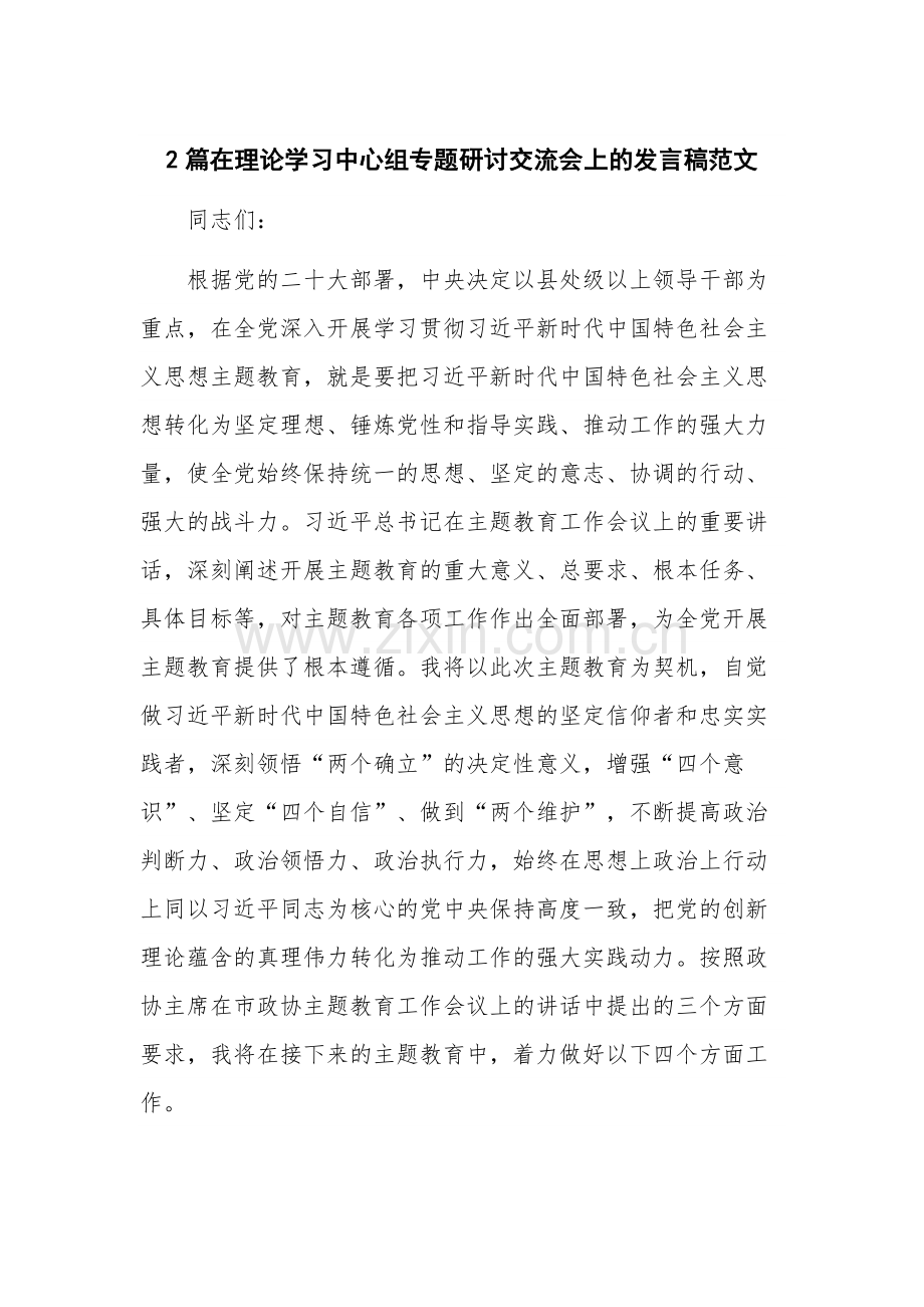 2篇在理论学习中心组专题研讨交流会上的发言稿范文.docx_第1页