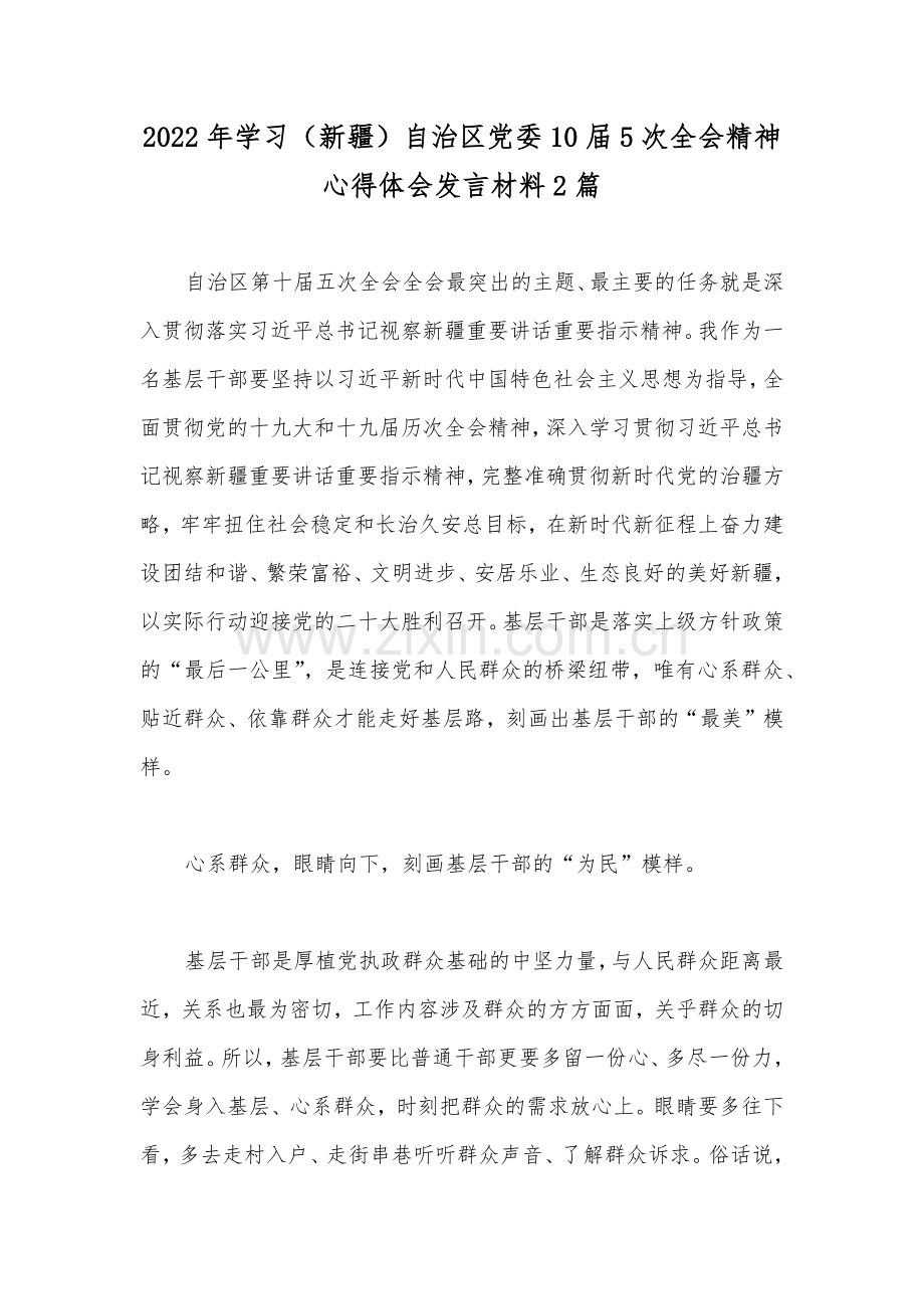 2022年学习（新疆）自治区党委10届5次全会精神心得体会发言材料2篇.docx_第1页