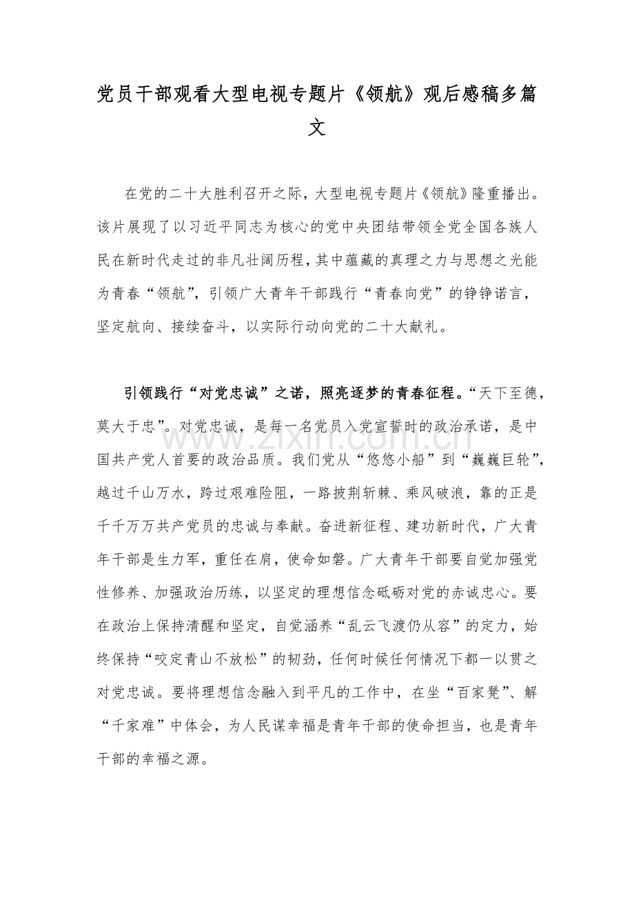 党员干部观看大型电视专题片《领航》观后感稿多篇文.docx_第1页