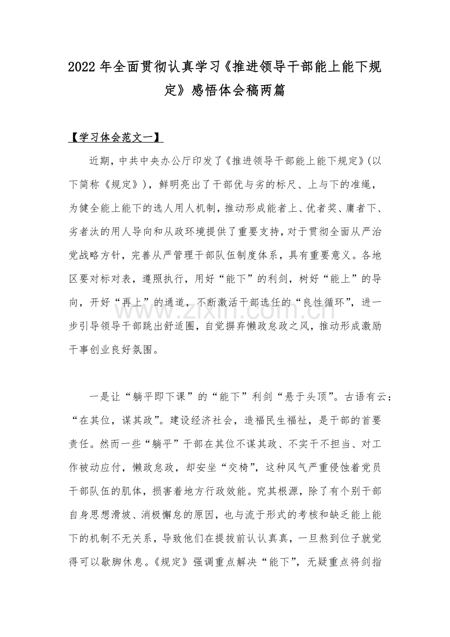 2022年全面贯彻认真学习《推进领导干部能上能下规定》感悟体会稿两篇.docx_第1页