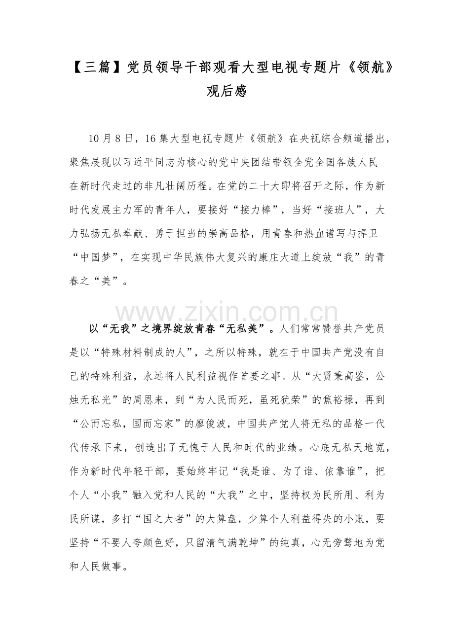 【三篇】党员领导干部观看大型电视专题片《领航》观后感.docx_第1页