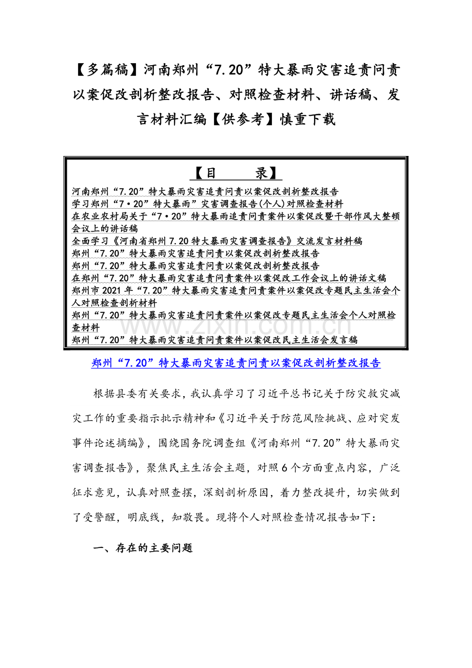 【多篇稿】河南郑州“7.20”特大暴雨灾害追责问责以案促改剖析整改报告、对照检查材料、讲话稿、发言材料汇编【供参考】慎重下载.docx_第1页