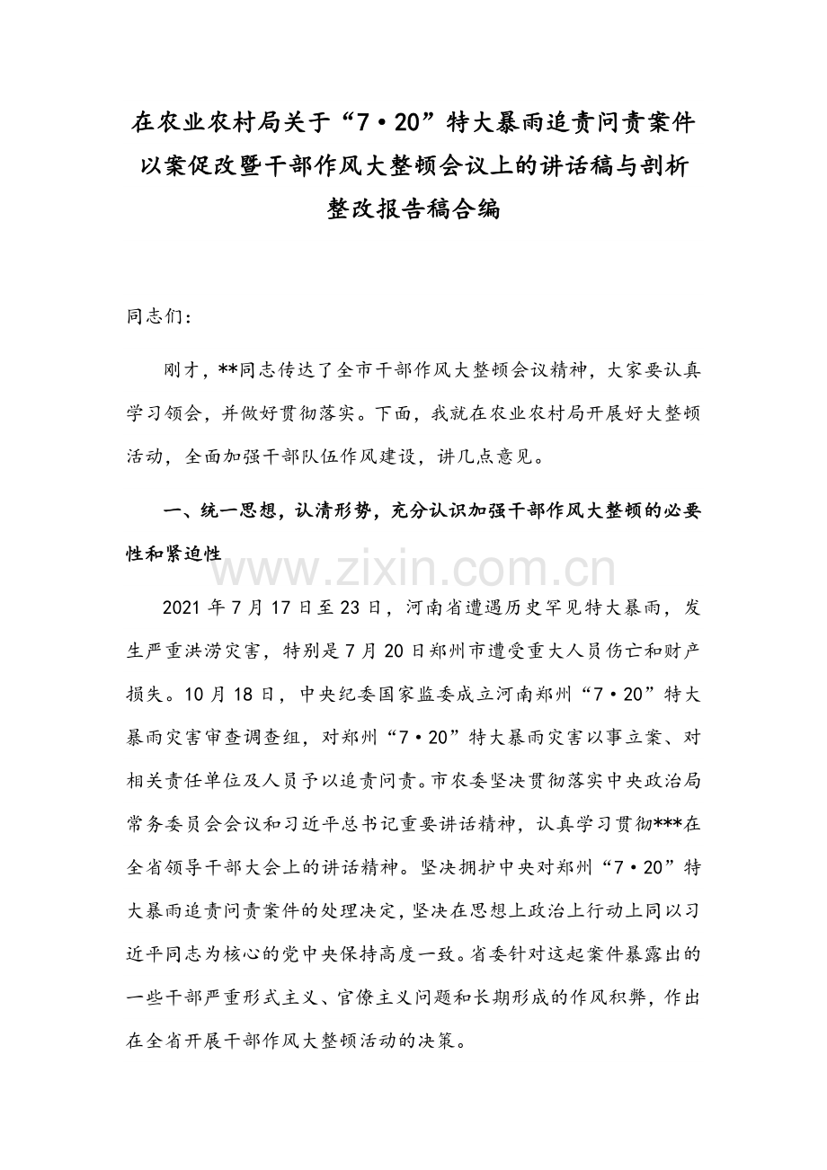 在农业农村局关于“7·20”特大暴雨追责问责案件以案促改暨干部作风大整顿会议上的讲话稿与剖析整改报告稿合编.docx_第1页