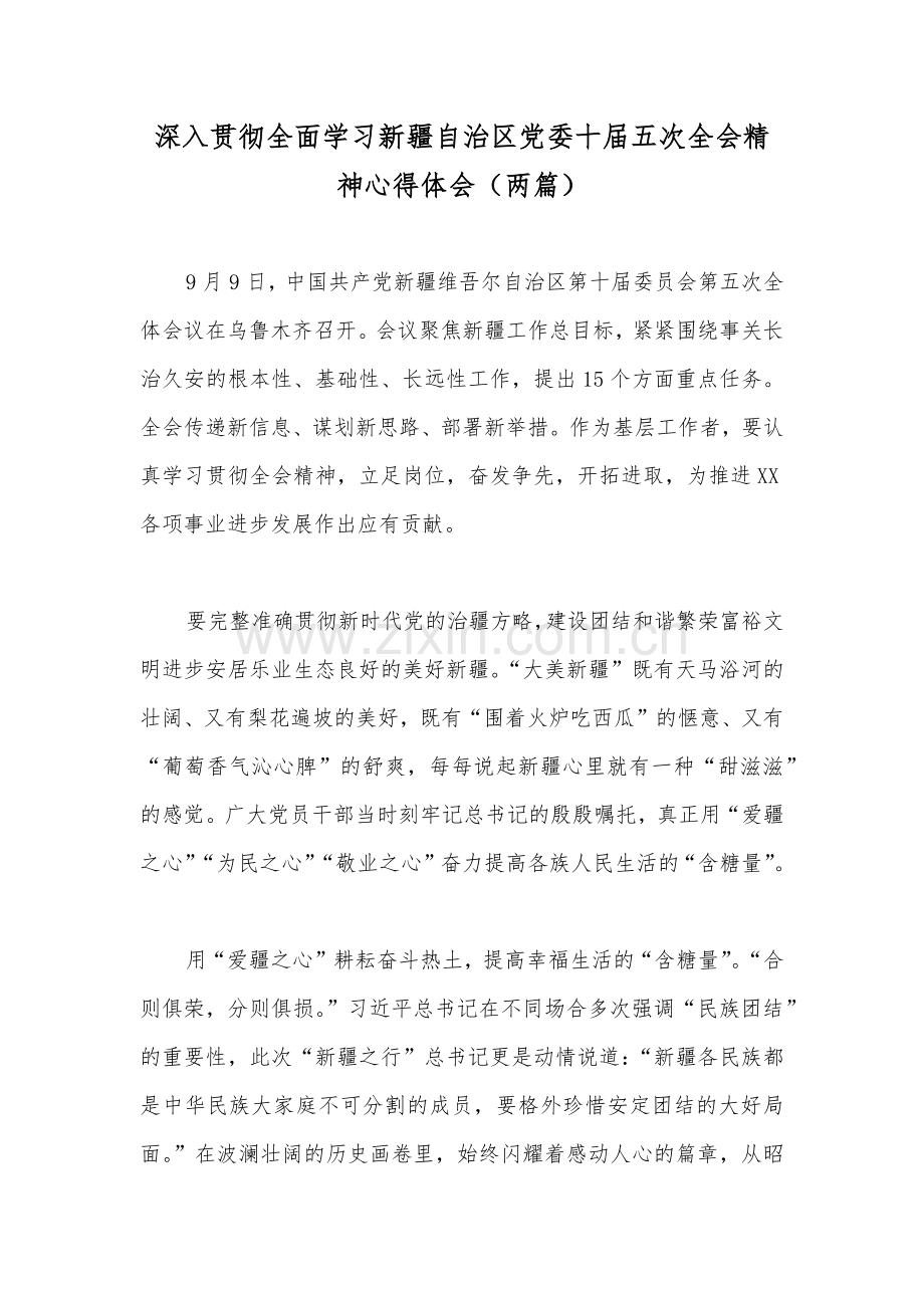 深入贯彻全面学习新疆自治区党委十届五次全会精神心得体会（两篇）.docx_第1页