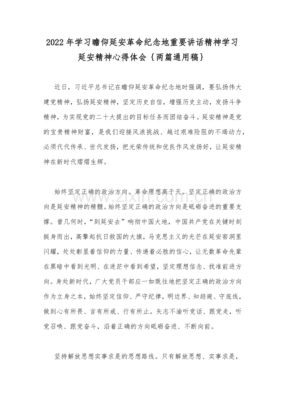 2022年学习瞻仰延安革命纪念地重要讲话精神学习延安精神心得体会｛两篇通用稿｝.docx_第1页