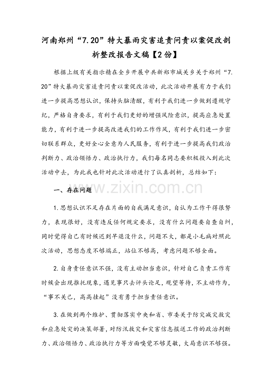 河南郑州“7.20”特大暴雨灾害追责问责以案促改剖析整改报告文稿【2份】.docx_第1页
