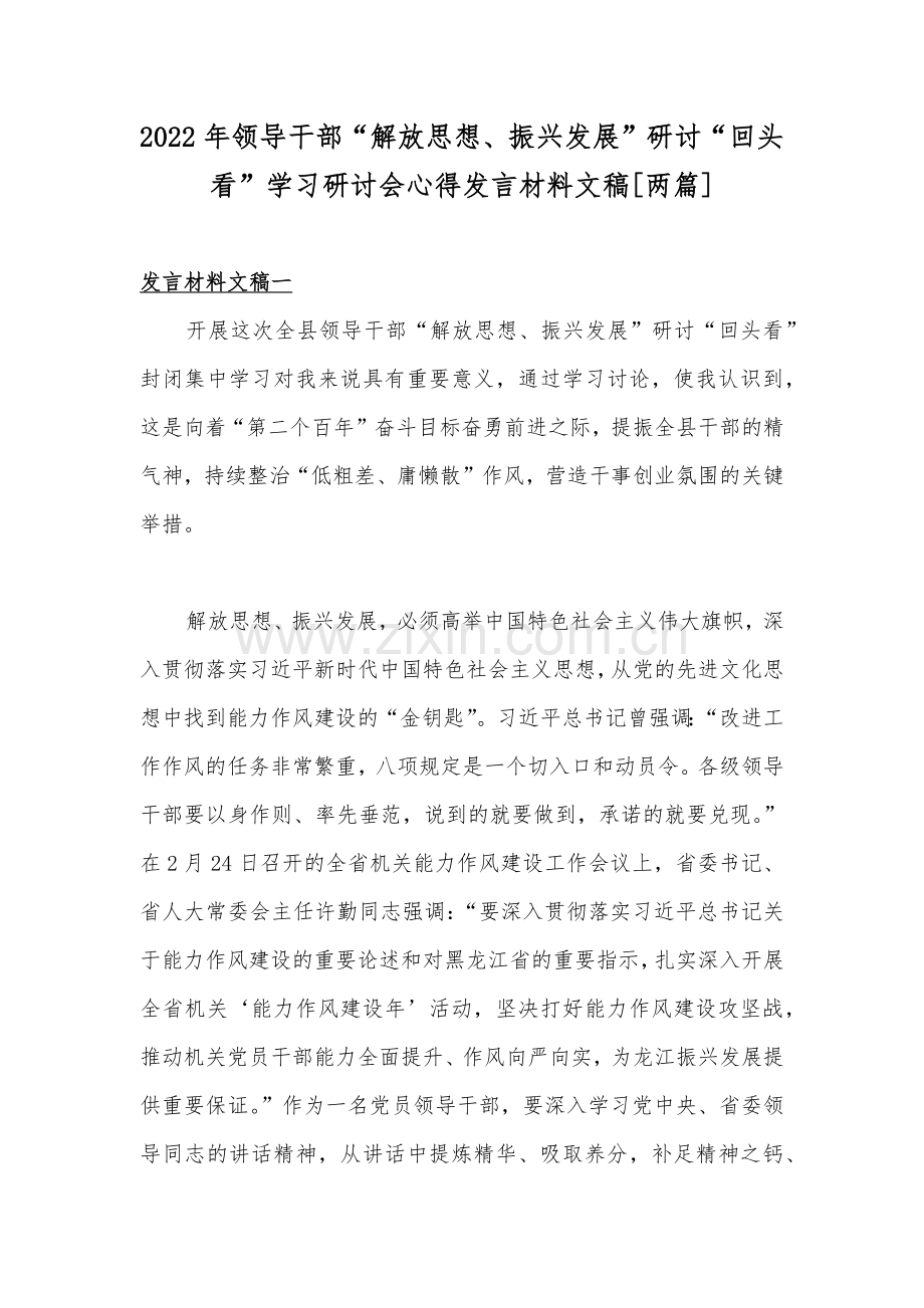 2022年领导干部“解放思想、振兴发展”研讨“回头看”学习研讨会心得发言材料文稿[两篇].docx_第1页