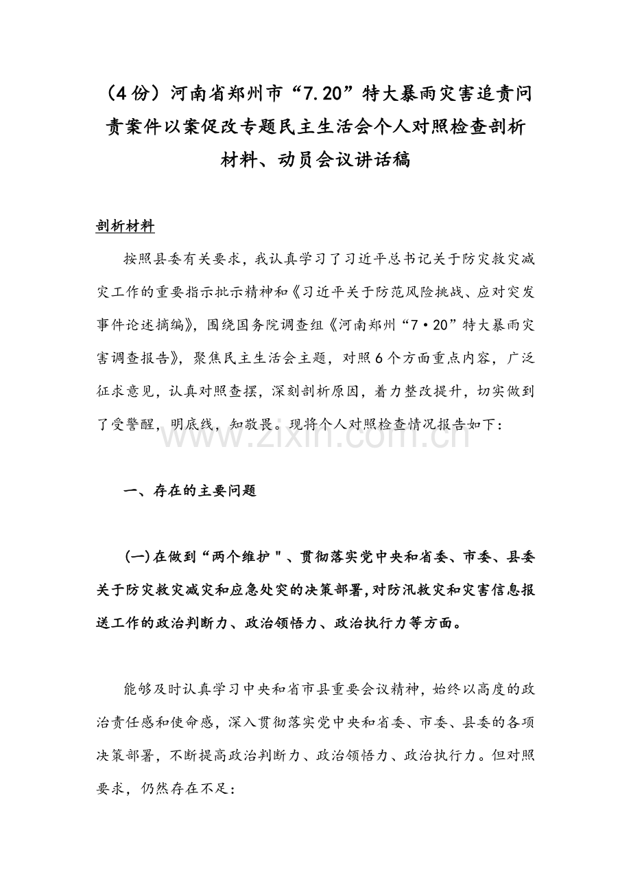 （4份）河南省郑州市“7.20”特大暴雨灾害追责问责案件以案促改专题民主生活会个人对照检查剖析材料、动员会议讲话稿.docx_第1页