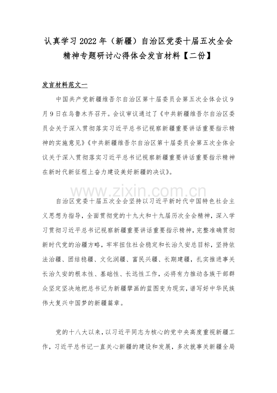 认真学习2022年（新疆）自治区党委十届五次全会精神专题研讨心得体会发言材料【二份】.docx_第1页