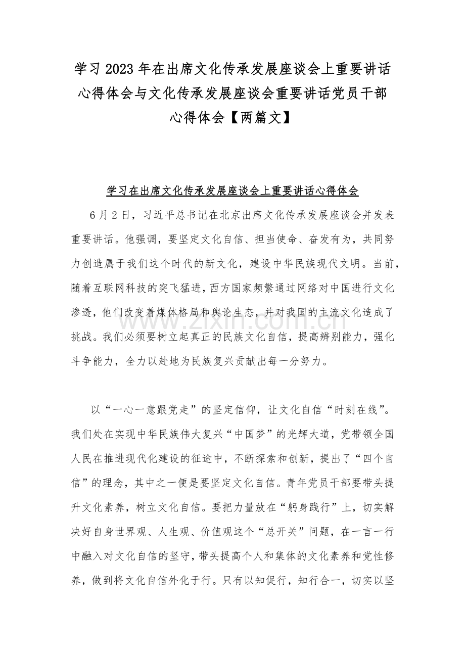 学习2023年在出席文化传承发展座谈会上重要讲话心得体会与文化传承发展座谈会重要讲话党员干部心得体会【两篇文】.docx_第1页