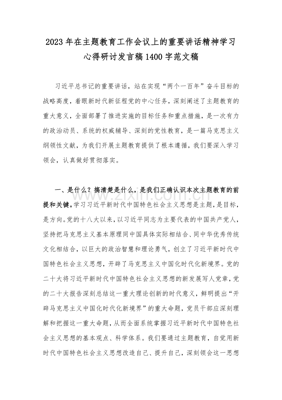 2023年在主题教育工作会议上的重要讲话精神学习心得研讨发言稿1400字范文稿.docx_第1页