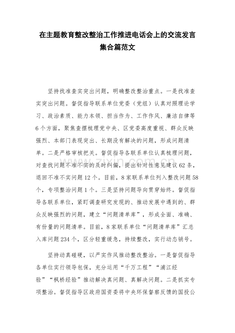 在主题教育整改整治工作推进电话会上的交流发言集合篇范文.docx_第1页