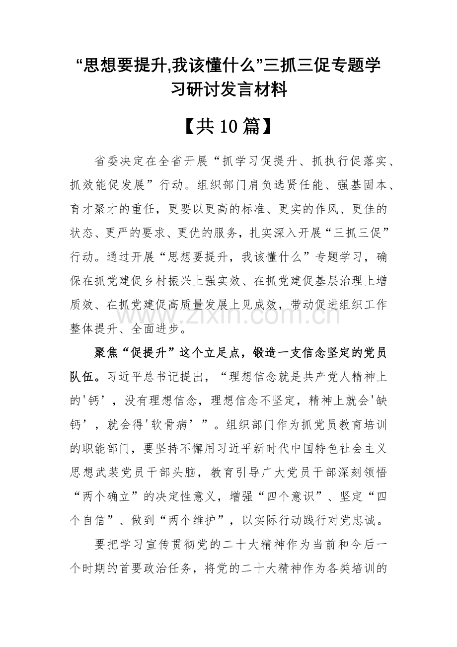 共10篇2023年思想要提升我该懂什么三抓三促专题党员学习研讨发言材料.docx_第1页