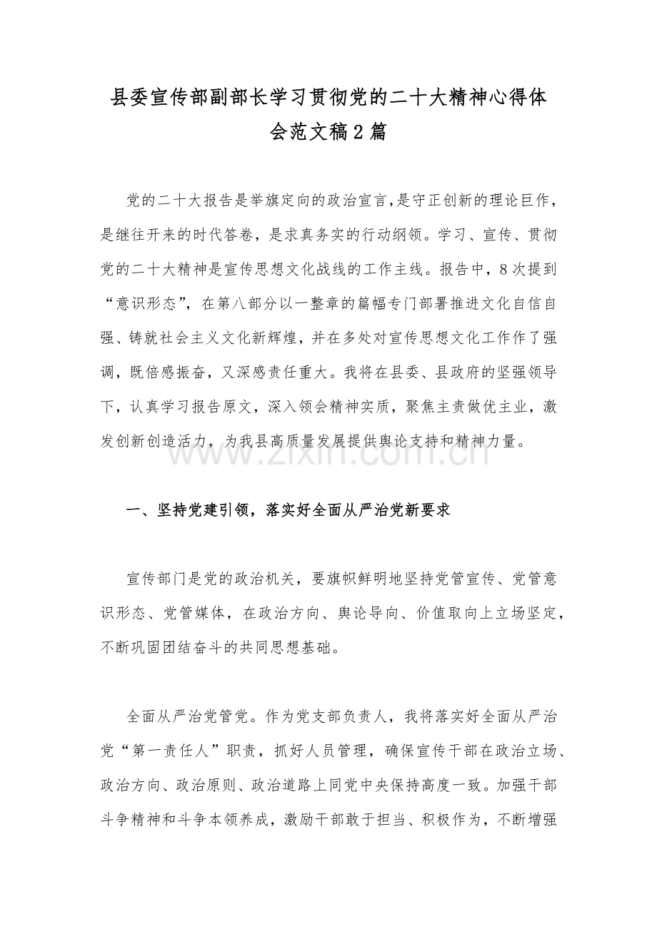 县委宣传部副部长学习贯彻党的二20十大精神心得体会范文稿2篇.docx_第1页