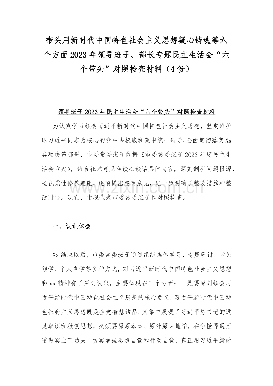 带头用新时代中国特色社会主义思想凝心铸魂等六个方面2023年领导班子、部长专题民主生活会“六个带头”对照检查材料（4份）.docx_第1页