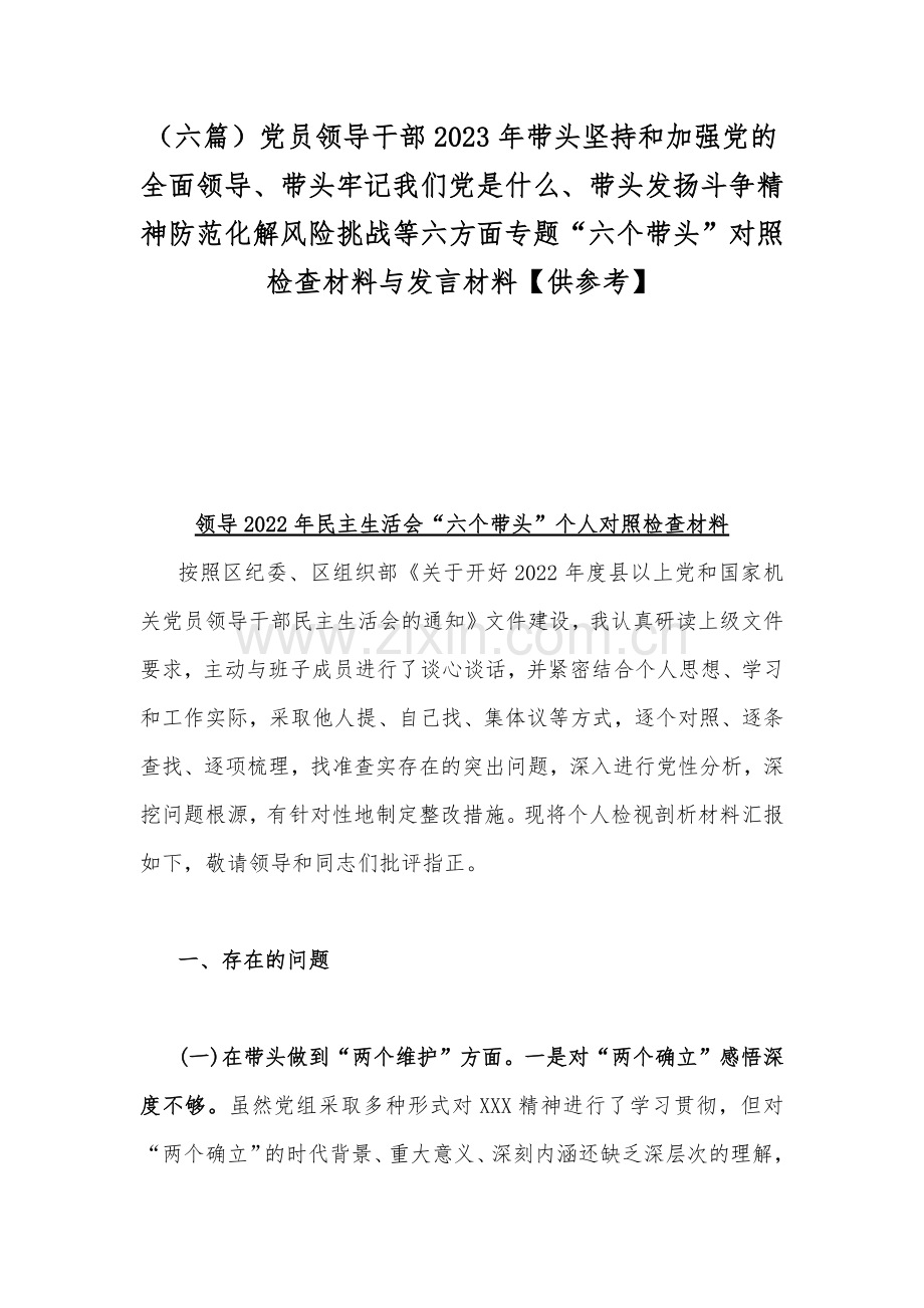 （六篇）党员领导干部2023年带头坚持和加强党的全面领导、带头牢记我们党是什么、带头发扬斗争精神防范化解风险挑战等六方面专题“六个带头”对照检查材料与发言材料【供参考】.docx_第1页
